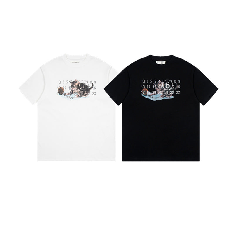 Two crew-neck T-shirts: white and black, each with cat graphic and numbers