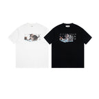 Two crew-neck T-shirts: white and black, each with cat graphic and numbers