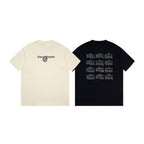 Cream and black crew-neck T-shirts, front logo graphics