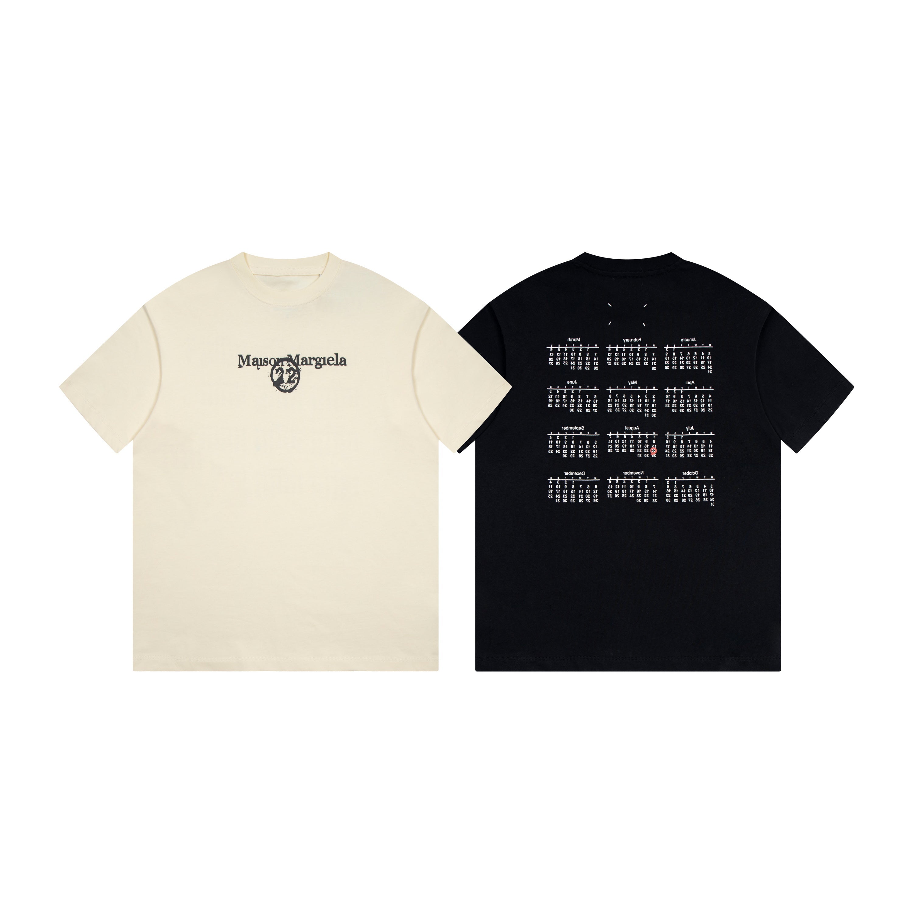 Cream and black crew-neck T-shirts, front logo graphics