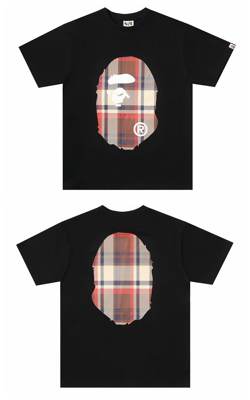 Black Bape T-shirt with oval plaid graphic on chest