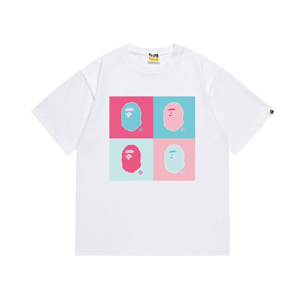 White T-shirt with four-panel Bape face graphic in pink and blue