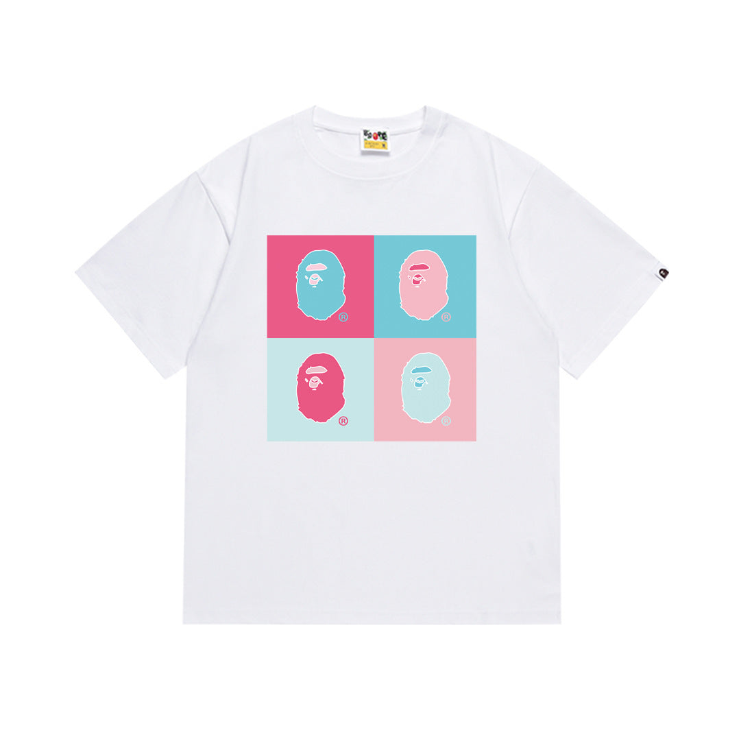 White T-shirt with four-panel Bape face graphic in pink and blue