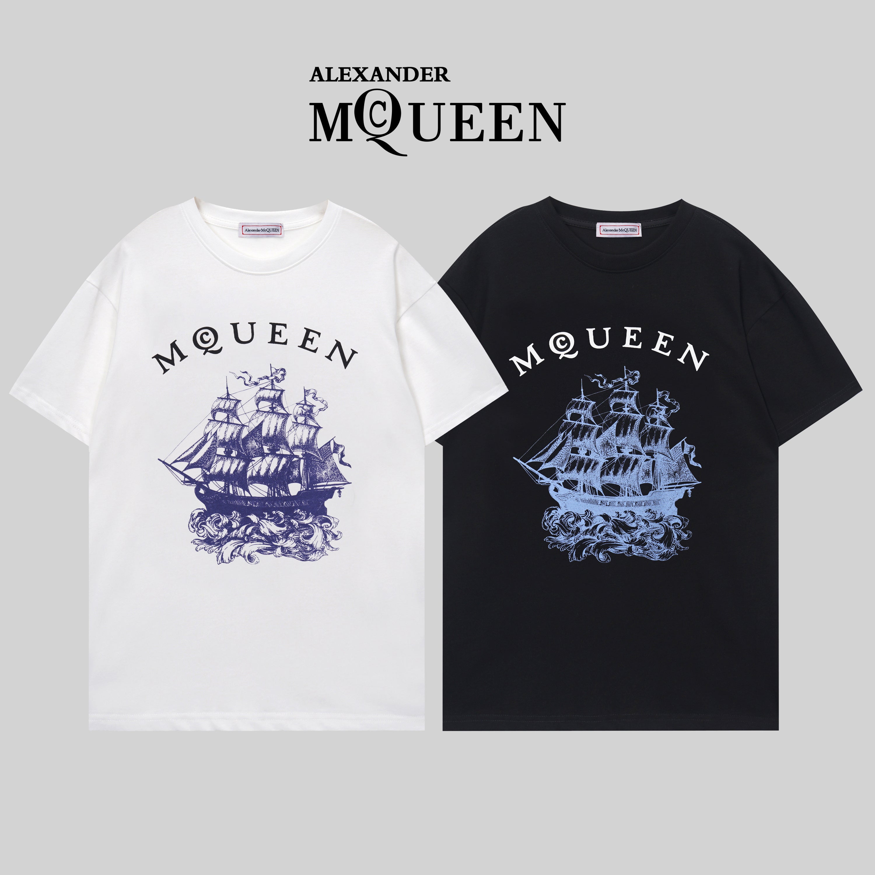T-shirts with blue ship graphic and McQueen lettering, white and black