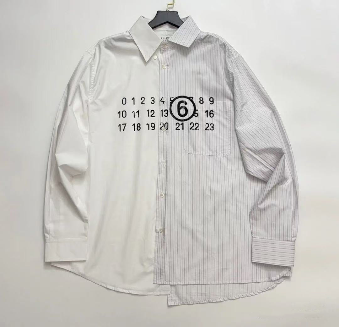 Maison Margiela button-up shirt, white pinstripe, long sleeves, button front, collar