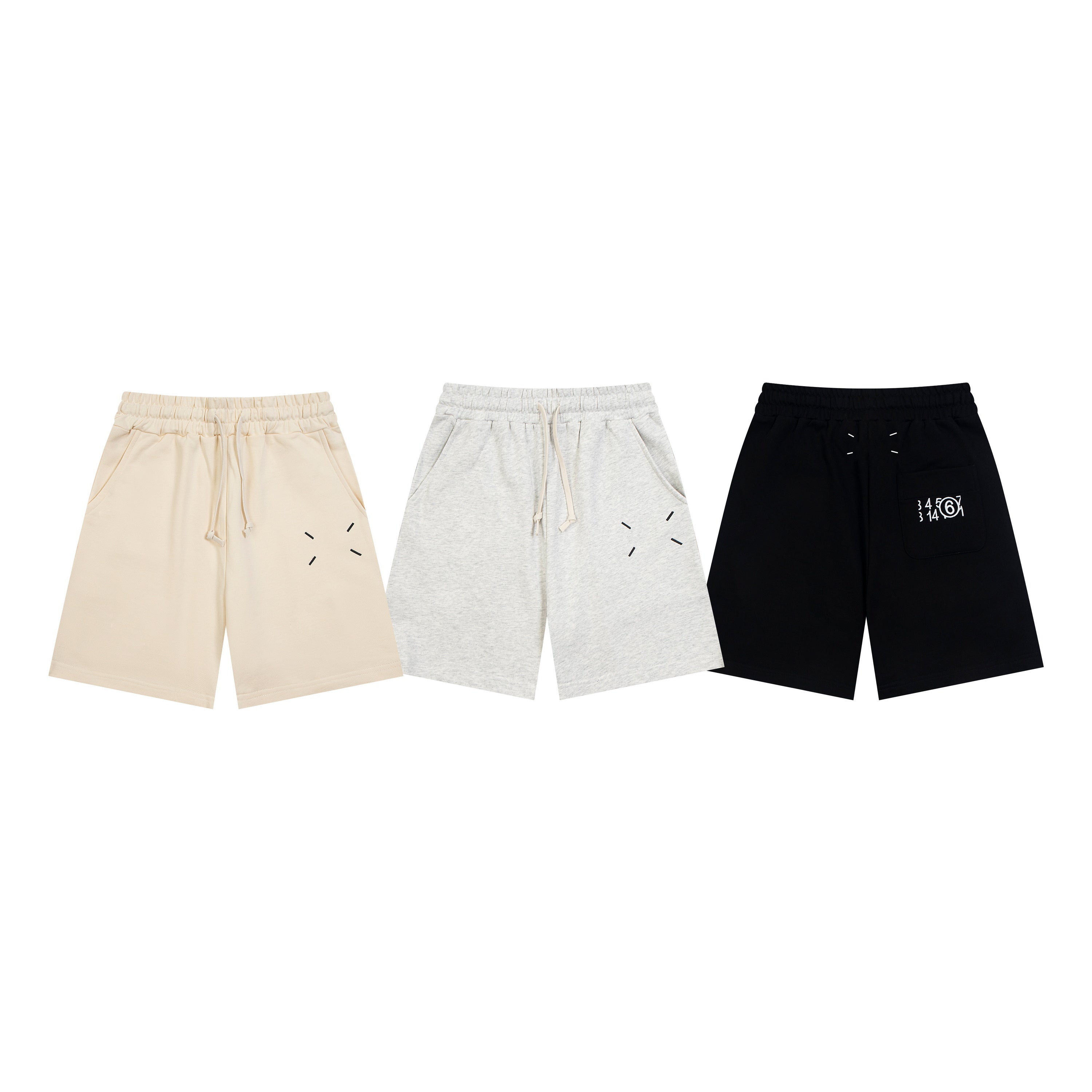 Shorts in beige, light gray, and black with drawstring and side seam pockets