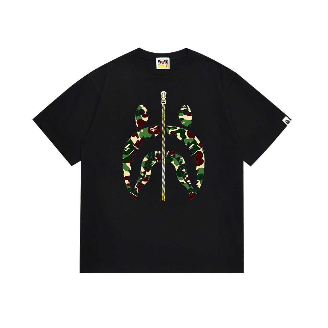 Black T-shirt with colorful camouflage graphic logo