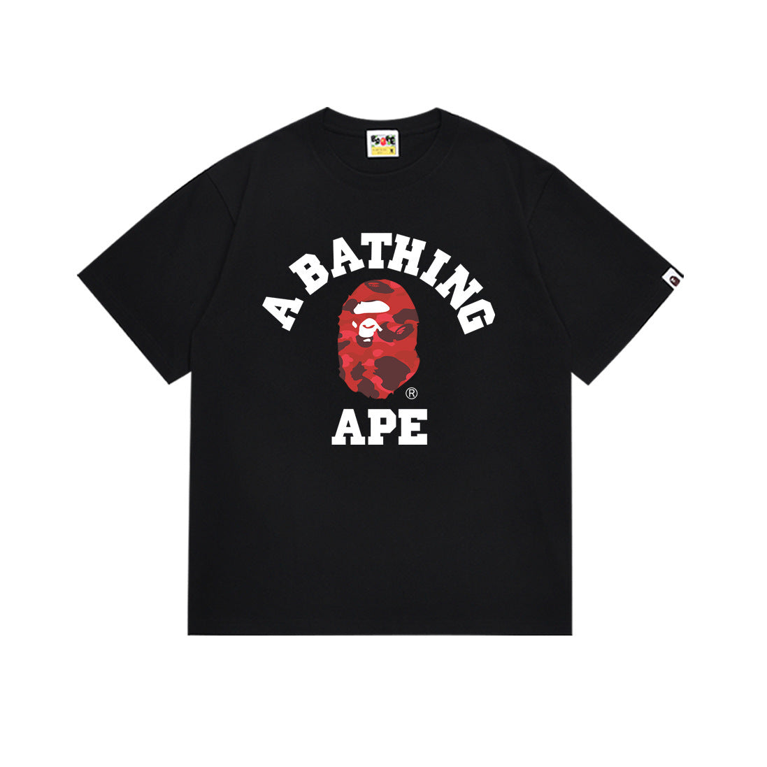 Black short-sleeve T-shirt with large A BATHING APE graphic and ape face