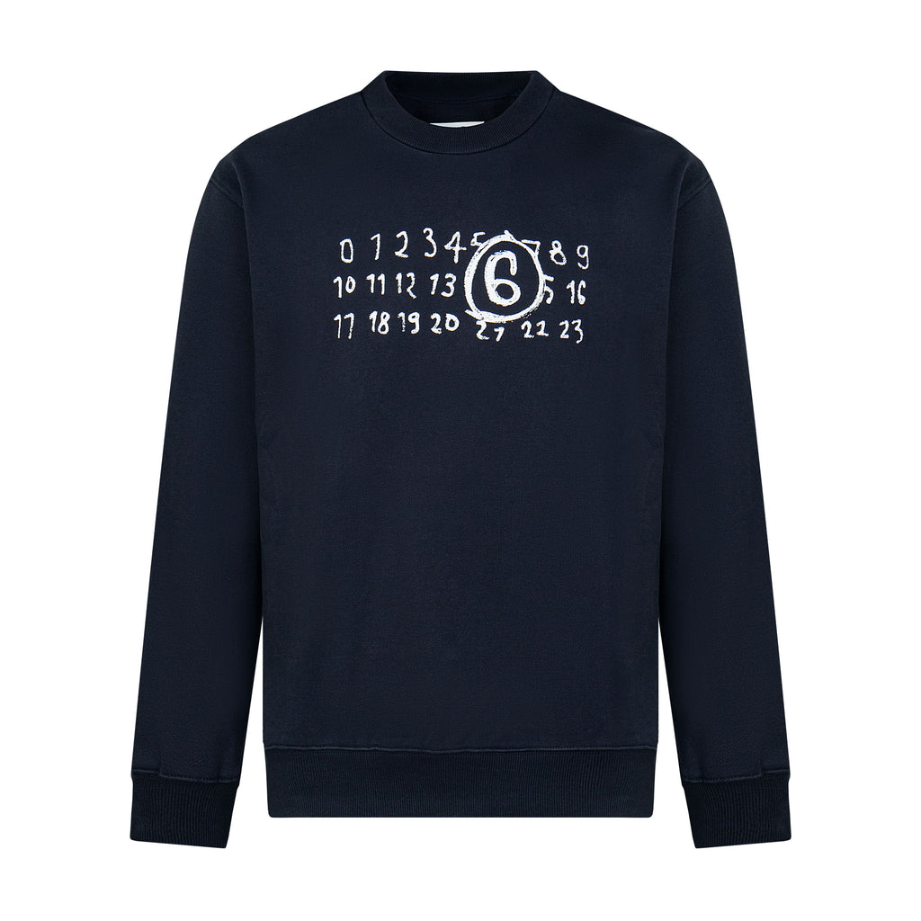 Navy crewneck sweatshirt with numbered ring graphic on chest