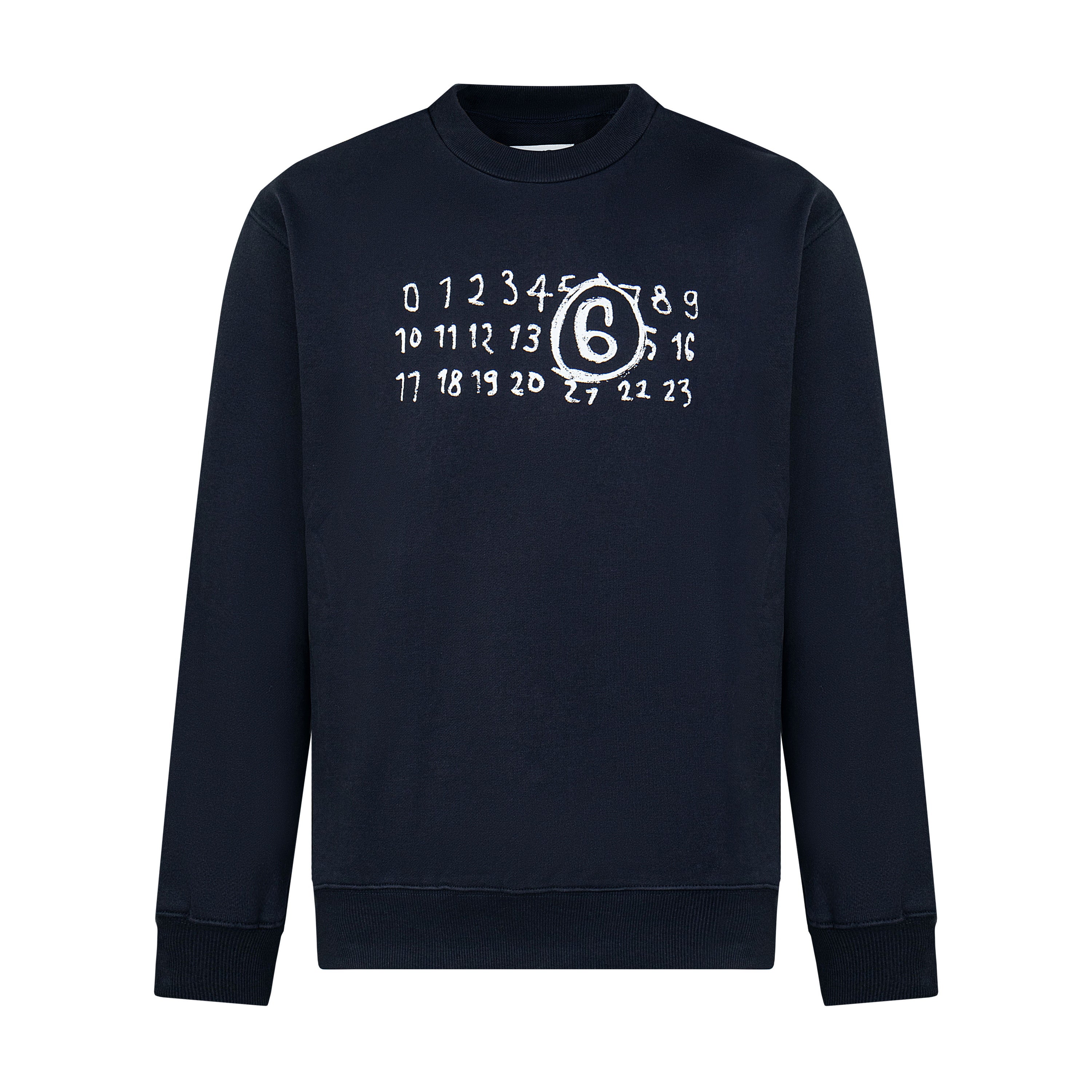 Navy crewneck sweatshirt with numbered ring graphic on chest
