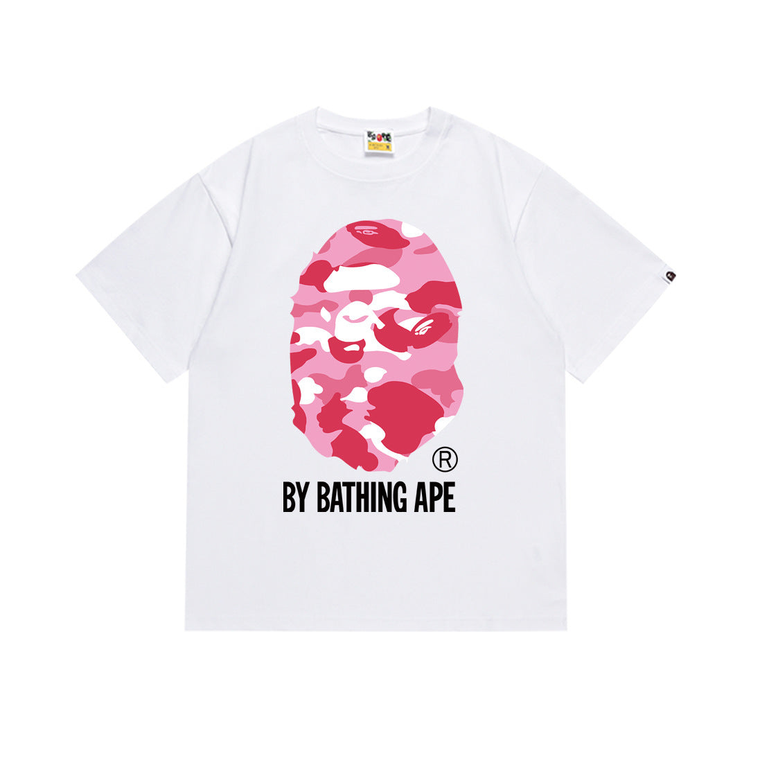 White T-shirt with pink camo ape graphic and BY BATHING APE logo