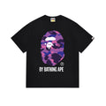 Black Bape T-shirt with purple camo ape graphic and BY BATHING APE logo