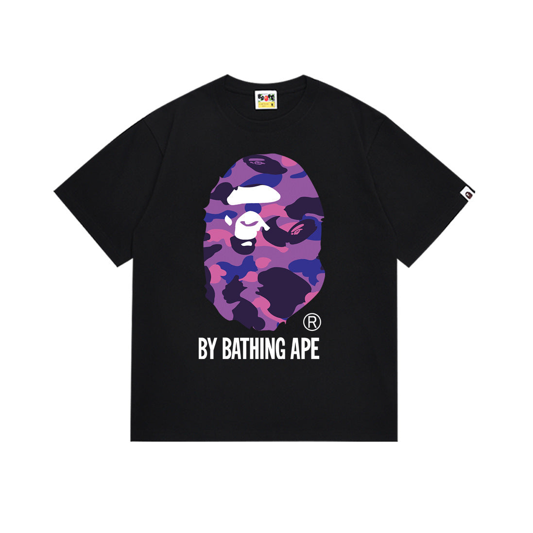 Black Bape T-shirt with purple camo ape graphic and BY BATHING APE logo