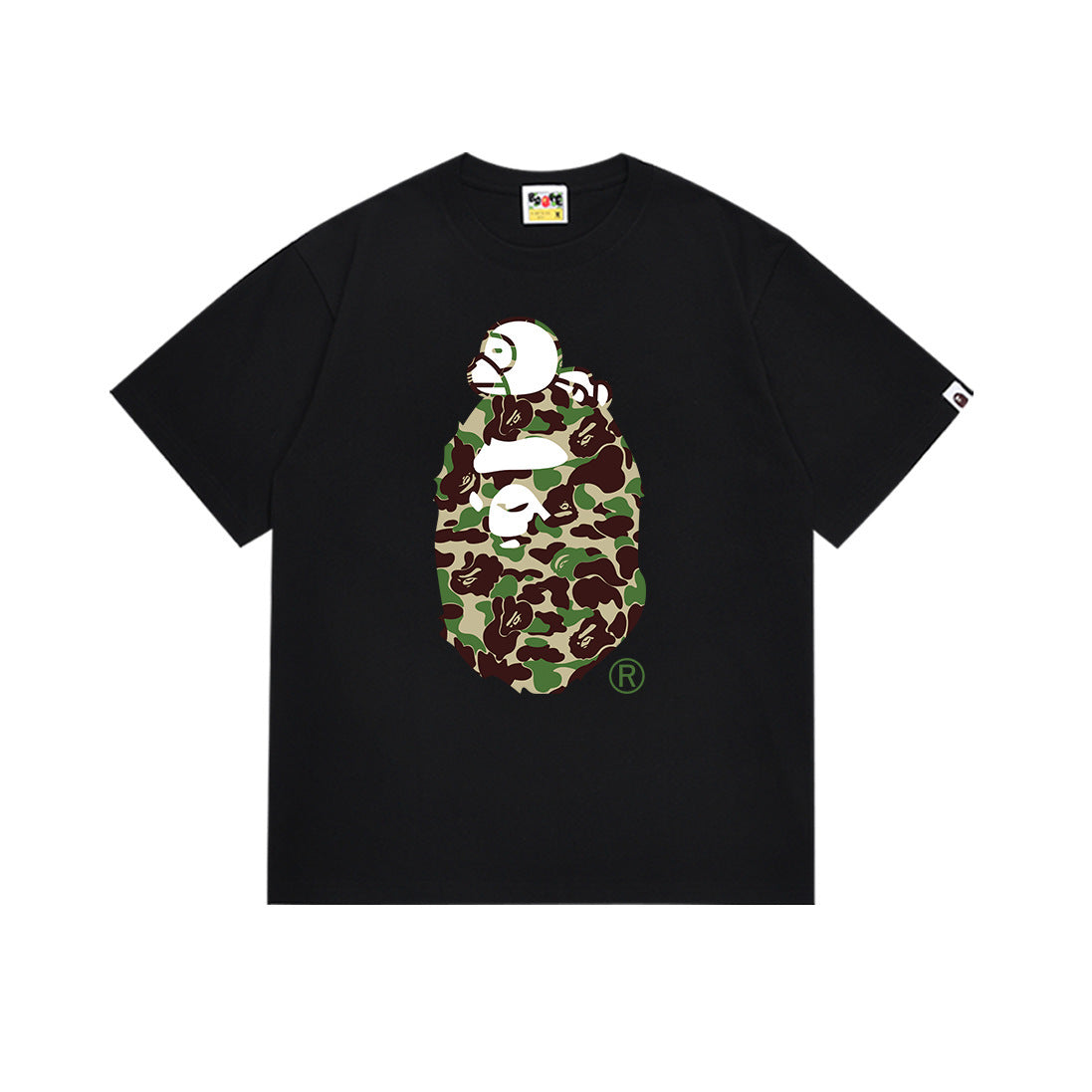 Black Bape T-shirt with multicolor camo ape graphic on chest