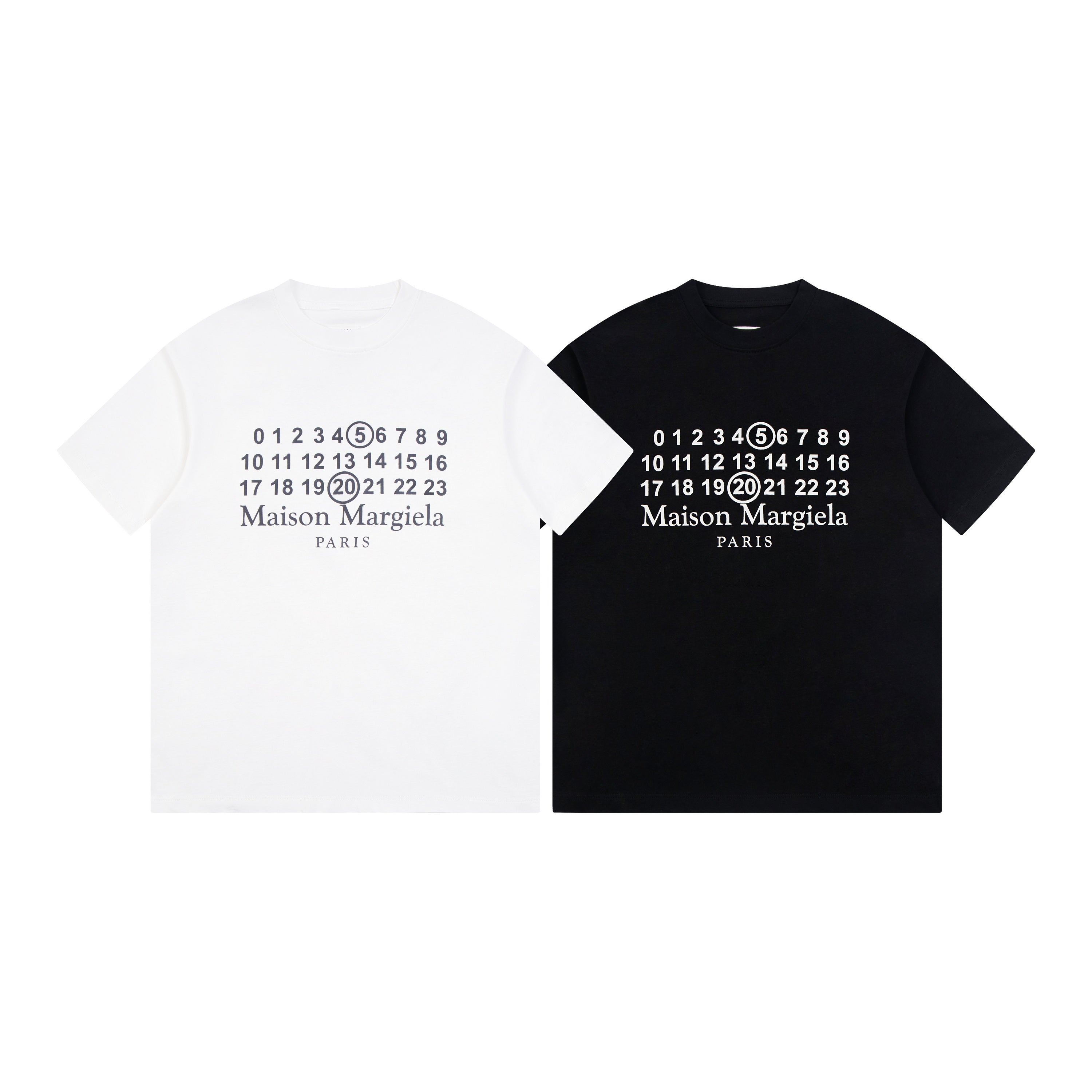 Graphic T-shirts, white and black, with numeral "Maison Margiela" "PARIS" print