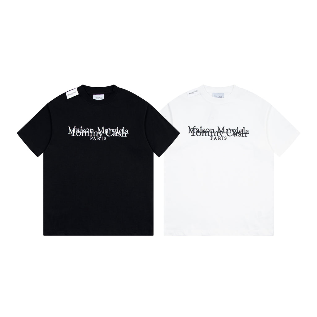 Black and white crewneck T-shirts with Maison Margiela PARIS chest graphics
