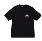 Black T-shirt with small front logo graphic and green/pink floral accents