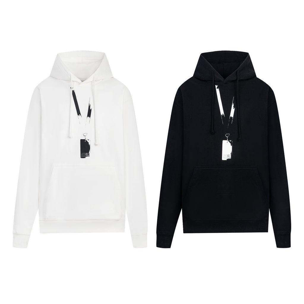 Pullover hoodies, one white and one black, with drawstring hood and hanging tag