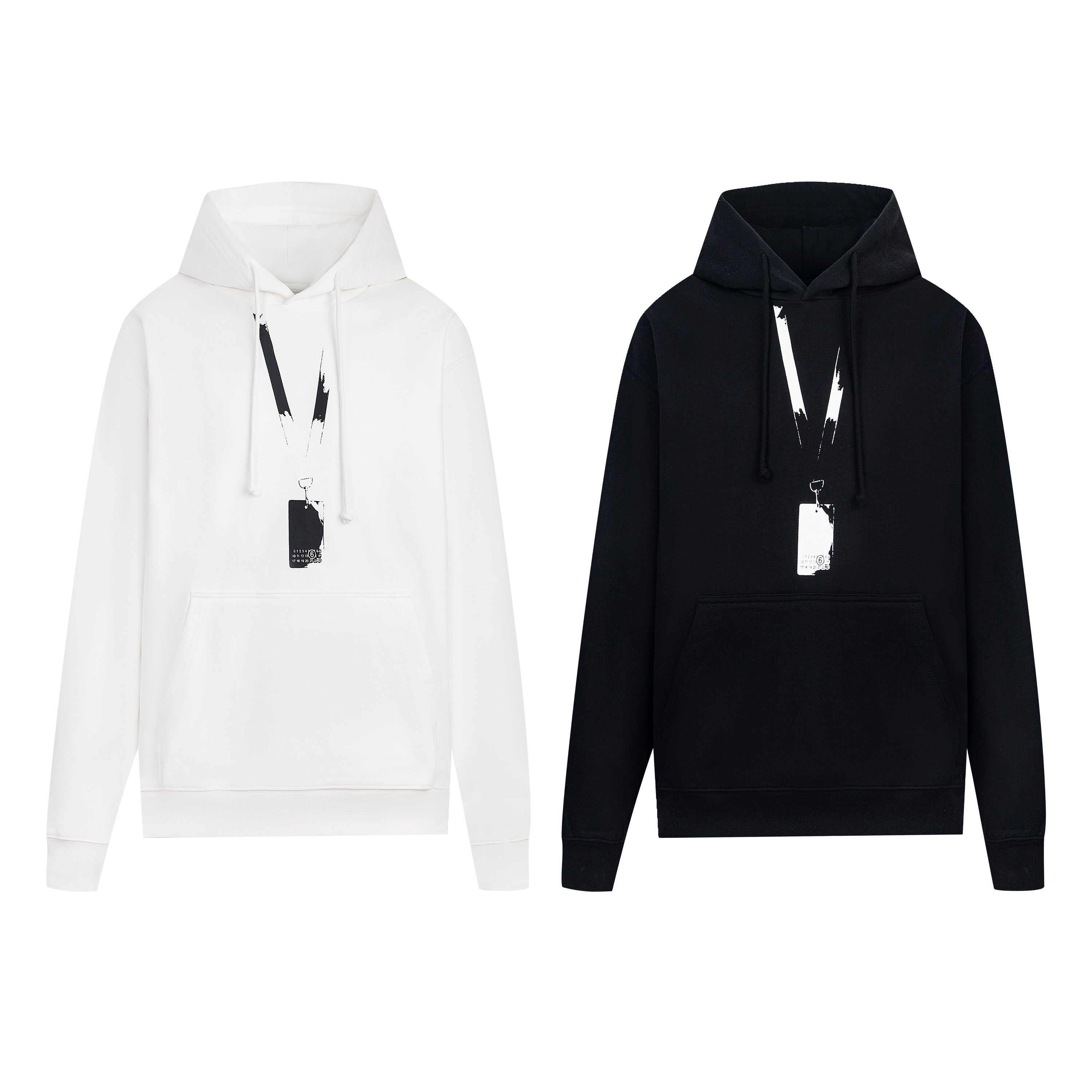 Pullover hoodies, one white and one black, with drawstring hood and hanging tag