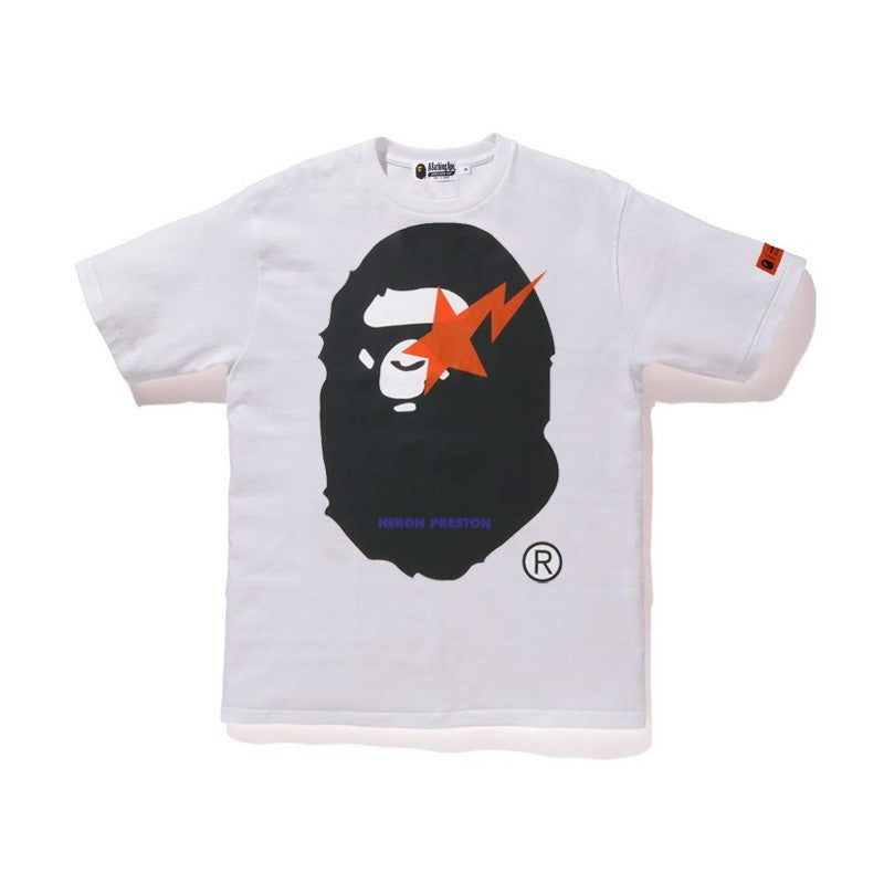 White Bape T-shirt with large ape head graphic, orange star and black print