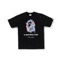 Black T-shirt with camo ape face graphic and BAPE logo