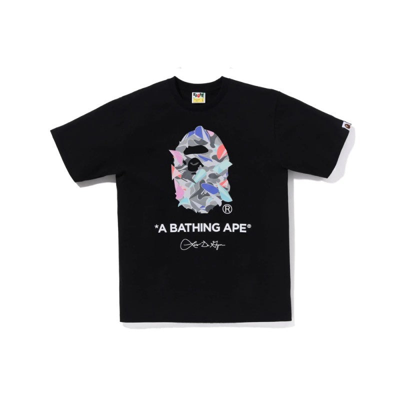 Black T-shirt with camo ape face graphic and BAPE logo
