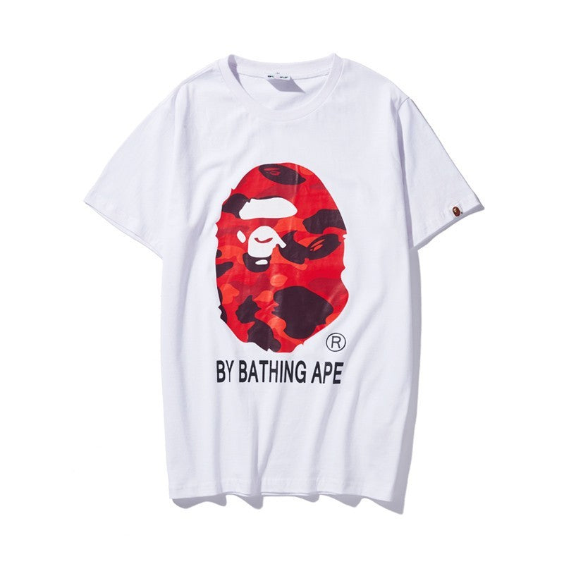BAPE graphic T-shirt, white crewneck short sleeve with red camouflage ape logo