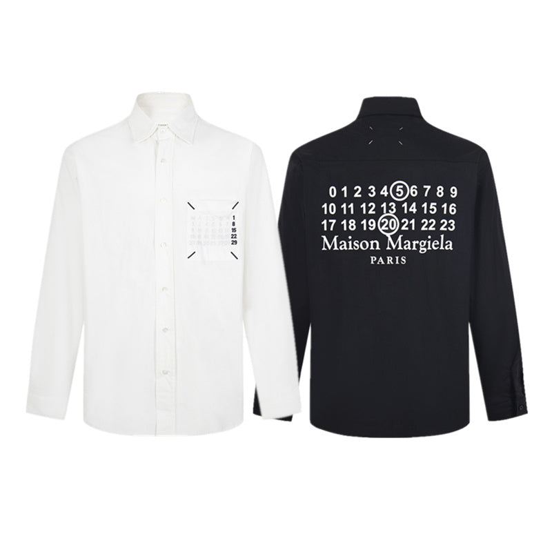 Two button-up shirts: white and black, with front logo graphics