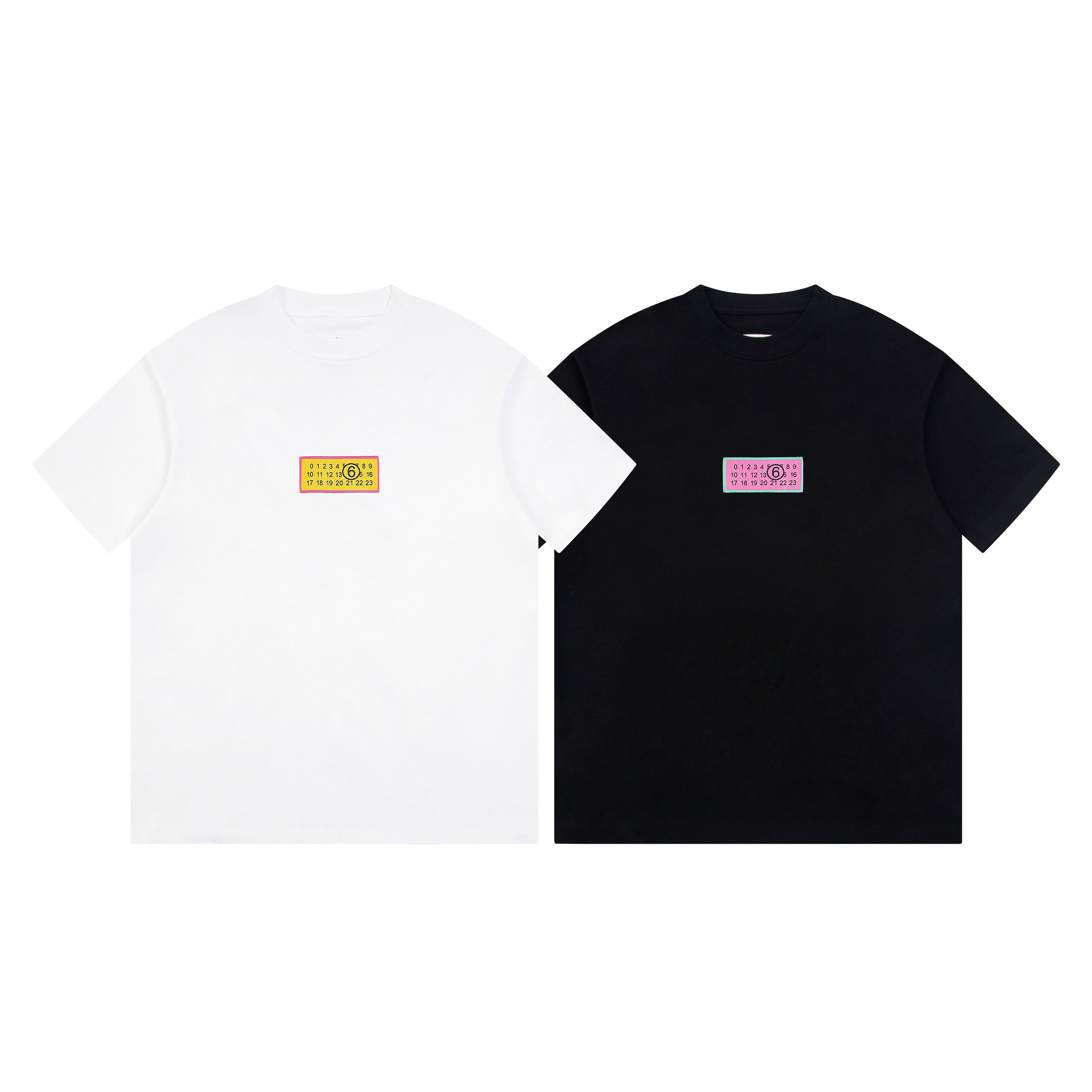 Pair of crewneck T-shirts, white and black, with multicolor chest labels