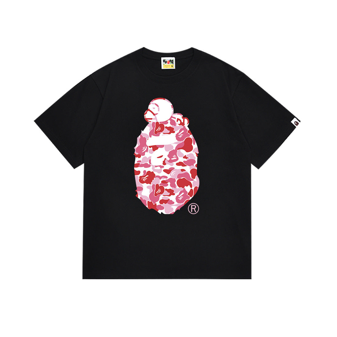 Black short-sleeve T-shirt with pink camo ape logo graphic