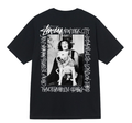 Stussy black T-shirt with central dog-and-model graphic and vertical text