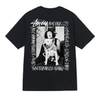 Stussy black T-shirt with central dog-and-model graphic and vertical text