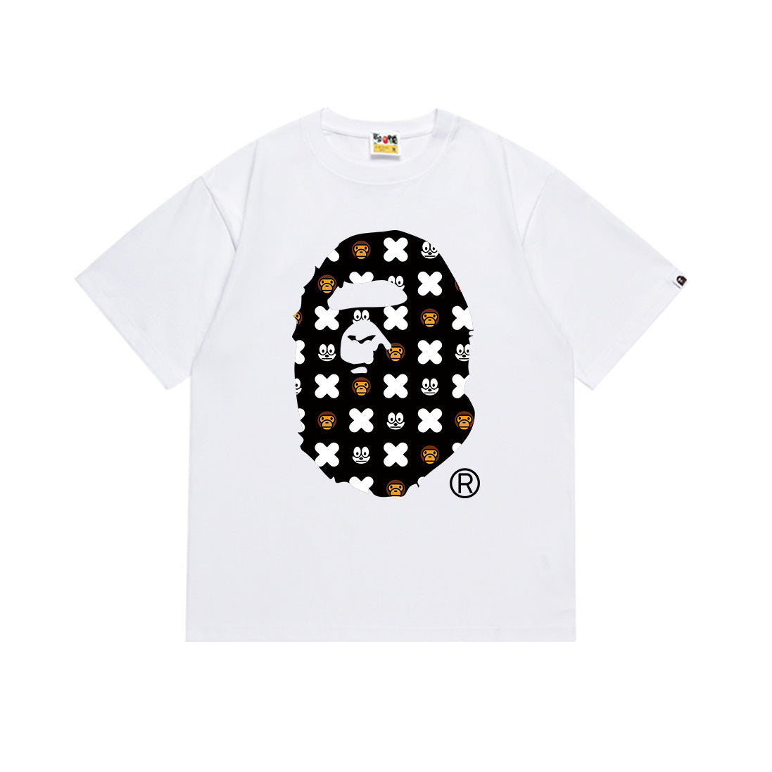 Bape white graphic T-shirt with black cartoon logo print on chest