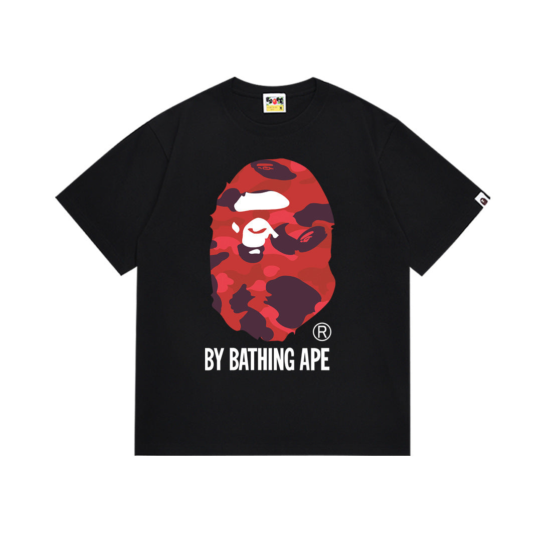 Black Bape t-shirt with red camo ape graphic and BY BATHING APE lettering