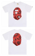White short-sleeve T-shirt with red camouflage face graphic
