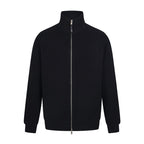 Black zip-front knit jacket with stand collar and ribbed texture