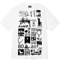 White crewneck T-shirt with Stussy-style collage graphic print