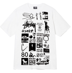 White crewneck T-shirt with Stussy-style collage graphic print