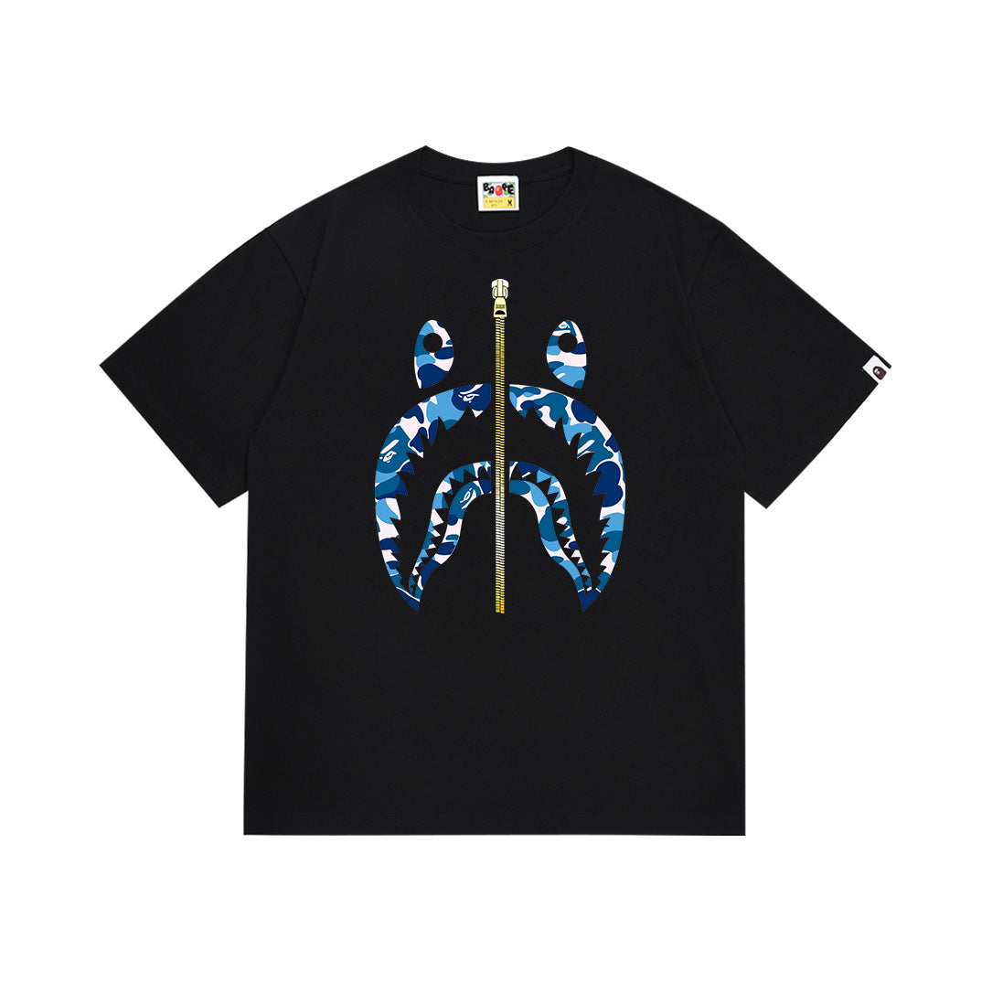 Bape black T-shirt with blue camo ape graphic and gold center print
