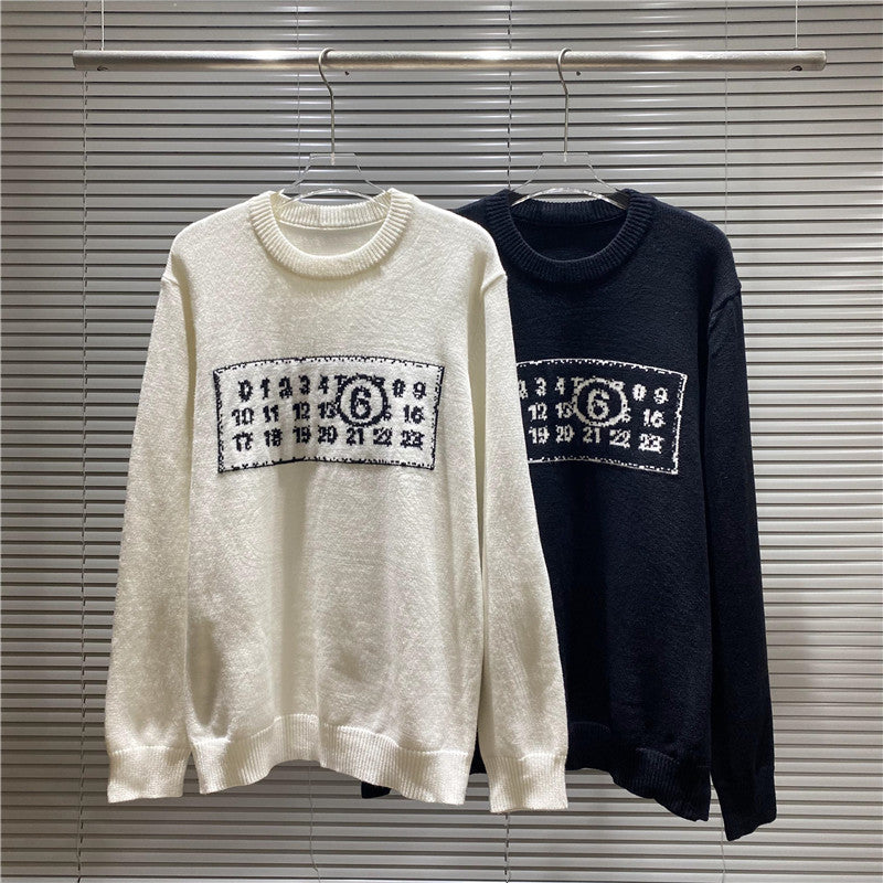 Crewneck knit sweatshirt, cream or dark navy, with rectangular front graphic print