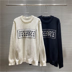 Crewneck knit sweatshirt, cream or dark navy, with rectangular front graphic print