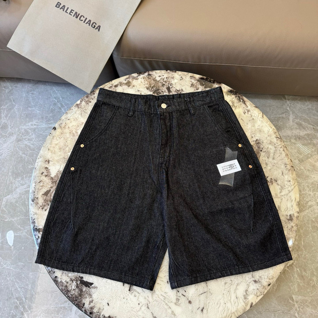 Dark denim shorts with front button closure and belt loops, side pockets