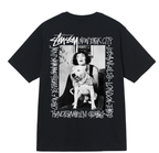 Black T-shirt with front photo graphic of woman and dog, white text print