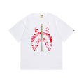 White short-sleeve T-shirt with red camouflage graphic and central vertical emblem