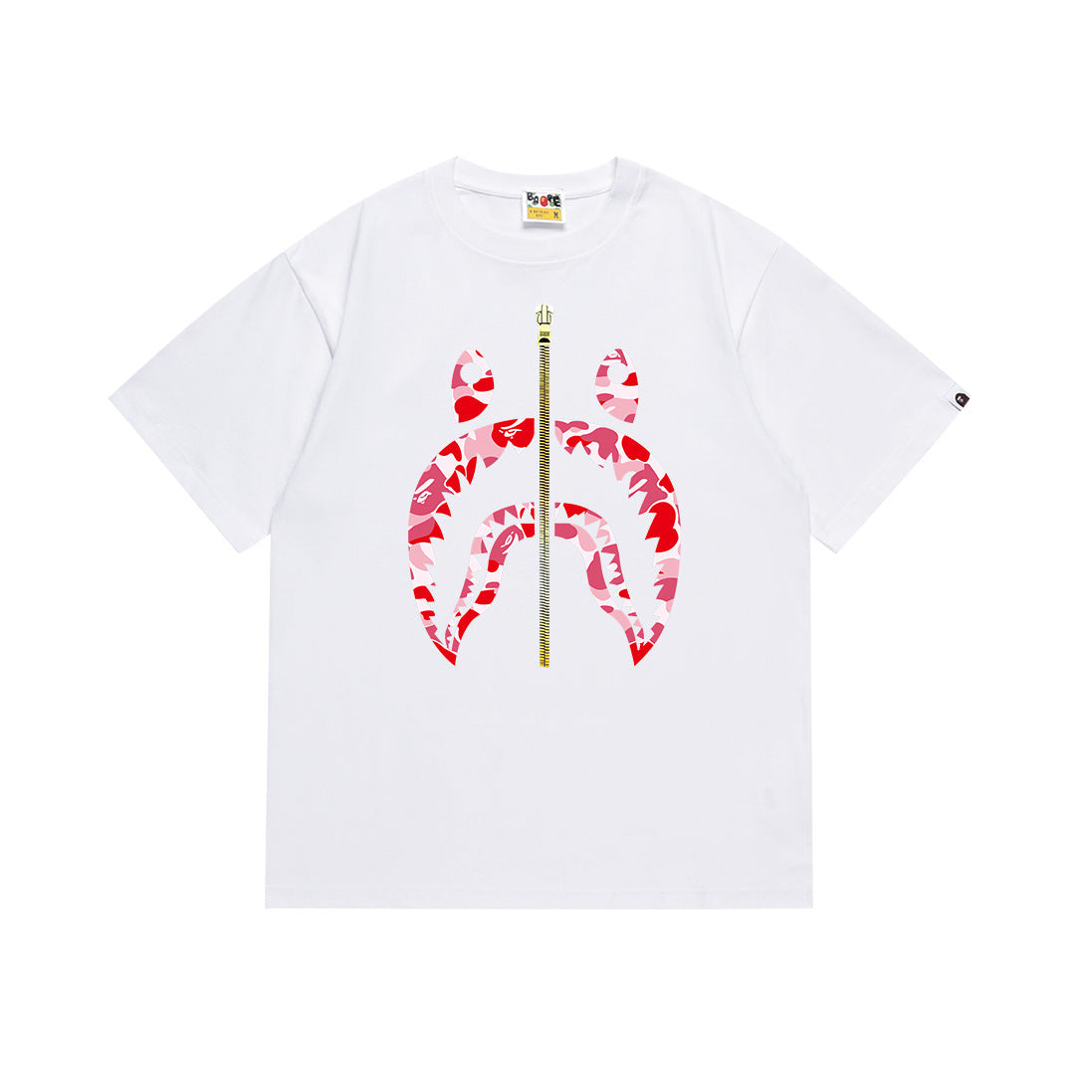 White short-sleeve T-shirt with red camouflage graphic and central vertical emblem