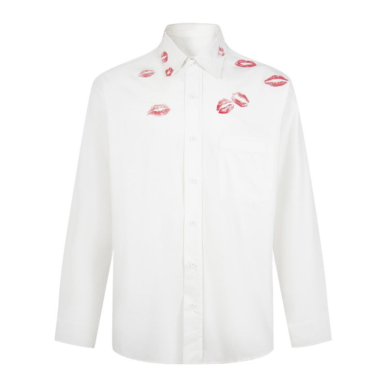 White button-up shirt with red lip print, front view