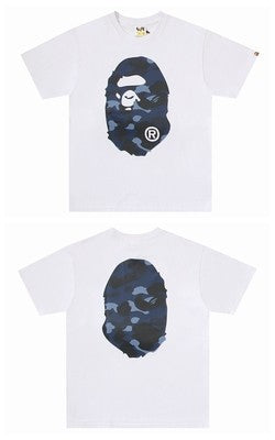 Bape white graphic T-shirt with camouflage ape face logo