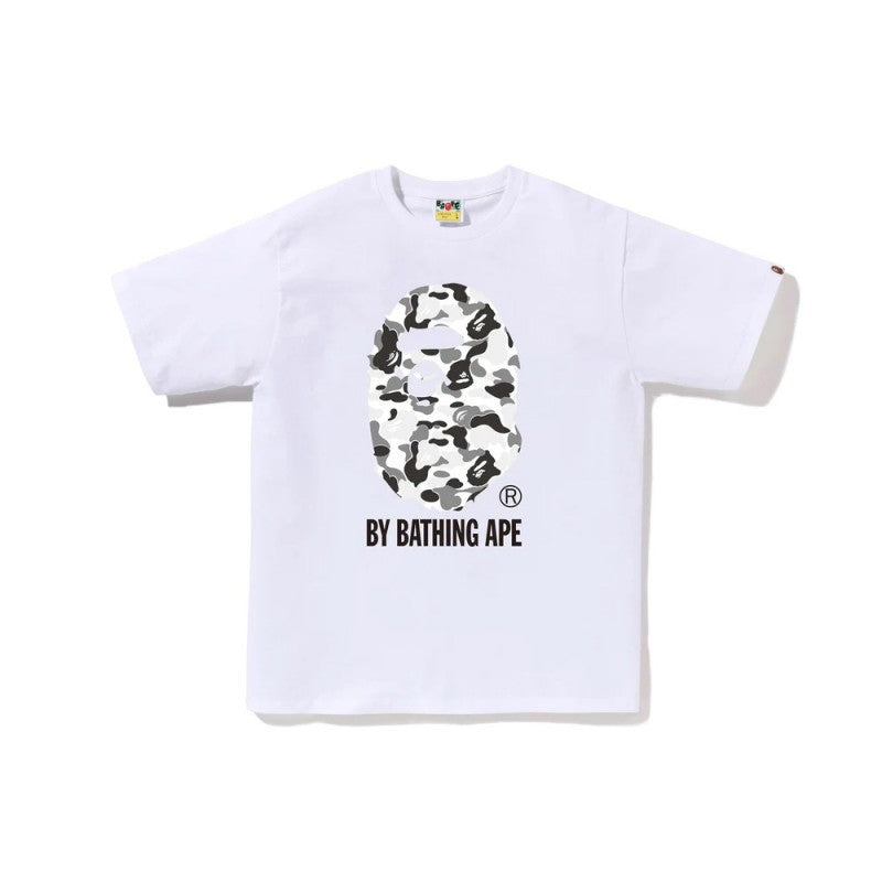 White short-sleeve T-shirt with black camo graphic and BY BATHING APE print