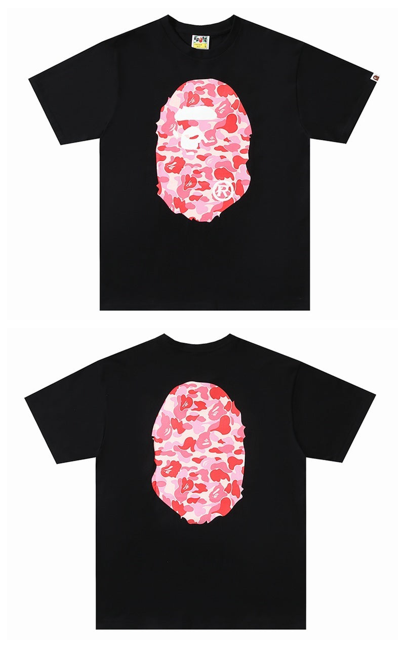 Black Bape crewneck T-shirt with pink camo ape head graphic