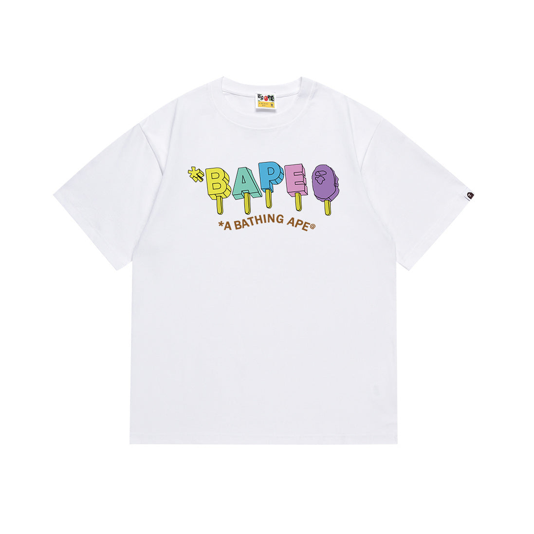 White Bape crew-neck T-shirt with colorful star BAPE graphic and slogan